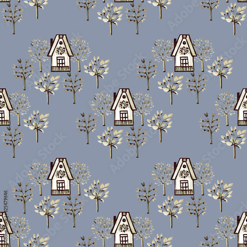 White houses with trees around on a gray background. Seamless pattern.