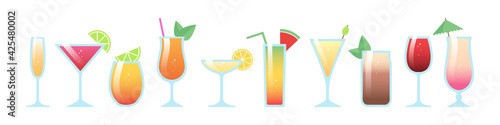 Cocktail glasses minimal vector illustration. Ten refreshing cocktails with lemons, lime, mint and watermellon. Party in the beach. Created for menu designs. Set of alcoholic beverages.