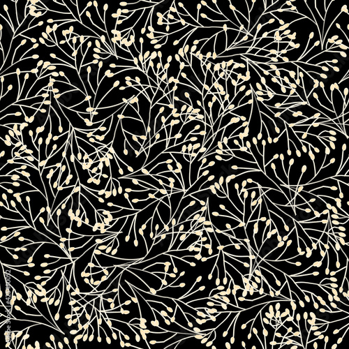 Monochrome seamless pattern nature texture. Plants, grass, stems, branches repeating background white black. Delicate dense elegant backdrop for fabric, wallpaper, fashion. High quality illustration.