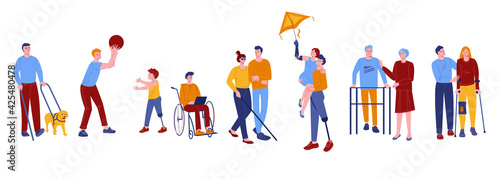 Disabled people with friends and assistants. Set of vector illustrations in flat cartoon style. Isolated on a white background.