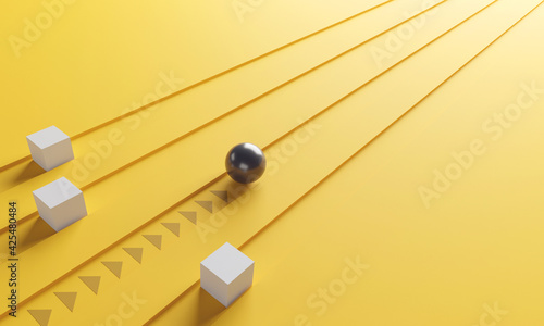 Leadership concept, One leader grey sphere leads other boxes. Winning strategy in business, 3d render.