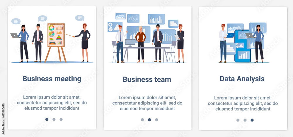 Modern flat illustrations in the form of a slider for web design. A set of UI and UX interfaces for the user interface.Business meeting, team and data analysis.