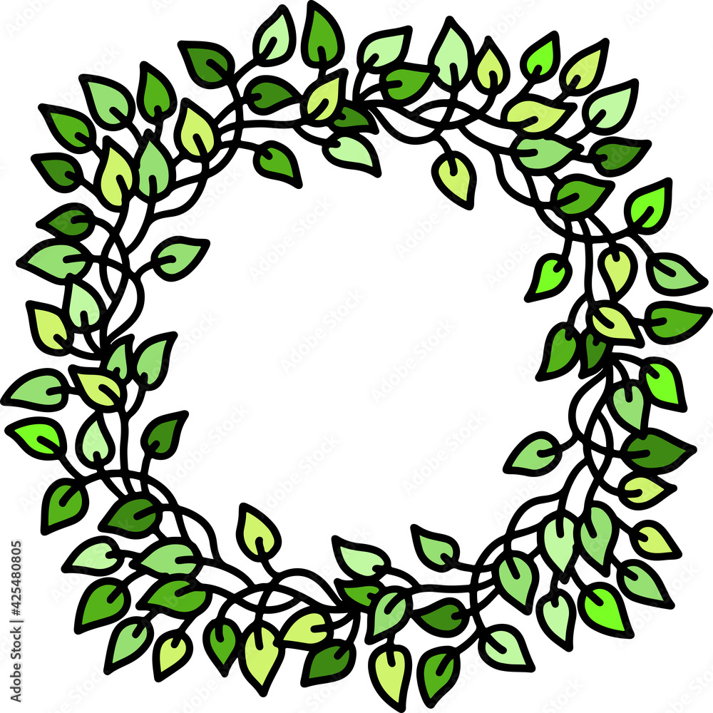 Green leaves frame in eco style. Doodle round ornament. Vector illustration.