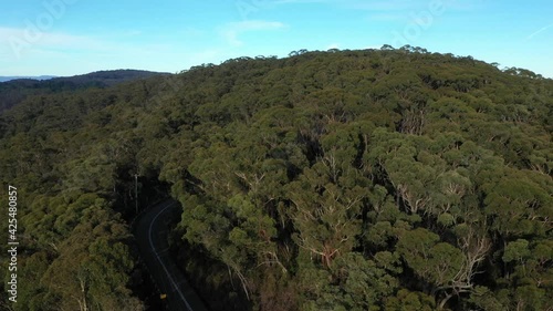 Drone footage of Fog in the Megalong Valley in The Blue Mountains in New South Wales in Australia photo