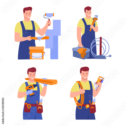 Set of workers of various construction, repair professions. Painter, electrician, carpenter, plumber. Vector illustration in flat cartoon style.