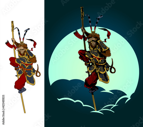 The Monkey King vector illustration standing on his staff with glowing eyes of true sight ability