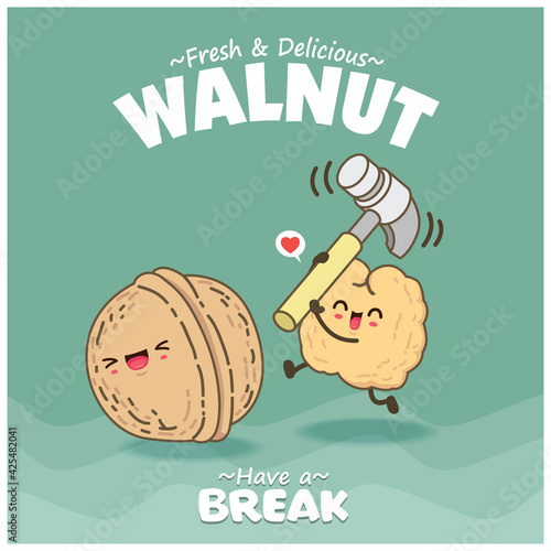 Vintage food poster design with walnut character.