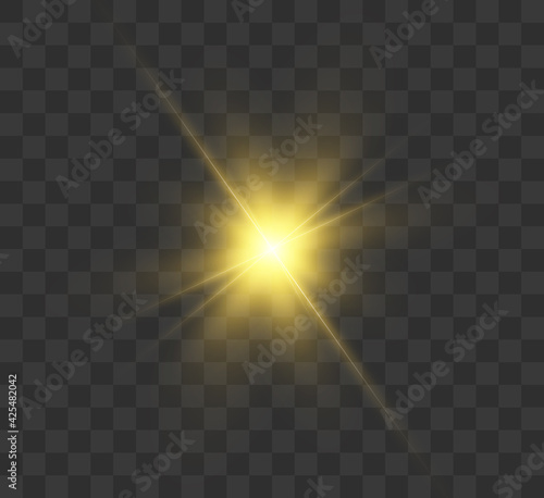 White glowing light explodes on a transparent background. Bright Star. Transparent shining sun, bright flash. Vector graphics. 