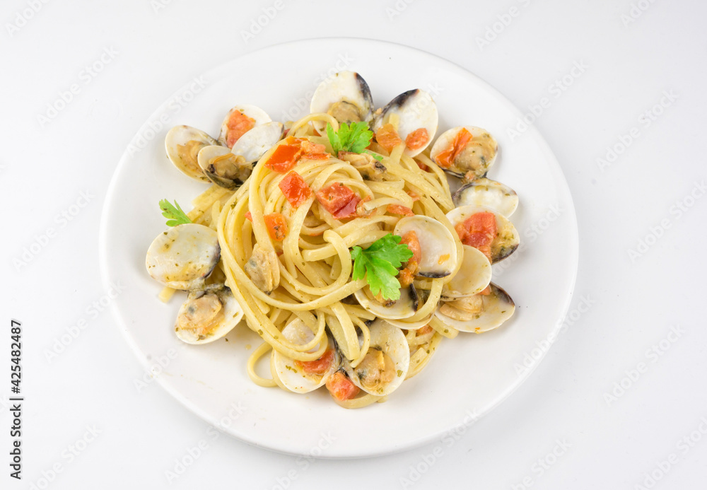 Traditional Italian seafood spaghetti with seashells