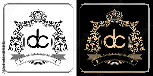 DC royal emblem with crown, initial letter and graphic name Frames Border of floral designs with two variation colors, set of gold framed labels with flowers for insignia, initial letter wedding name