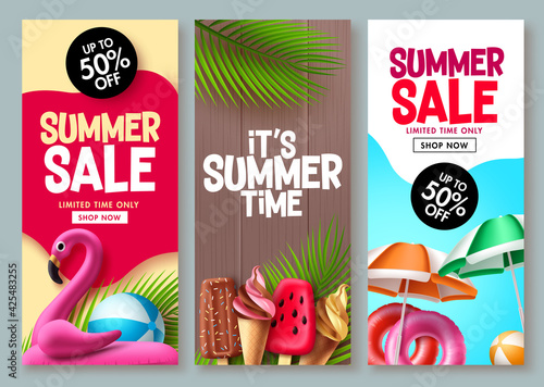 Summer sale vector poster design. Summer promotion flyer set for special promo shopping coupon sale design. Vector illustration.