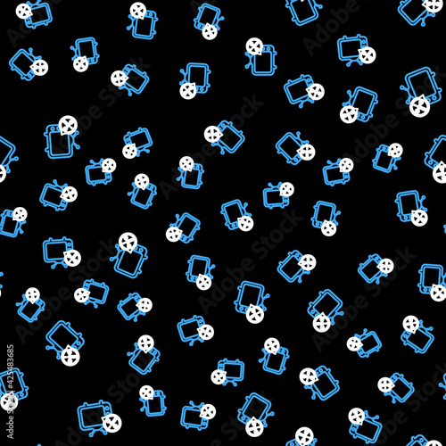 Line Tv with screwdriver and wrench icon isolated seamless pattern on black background. Adjusting, service, setting, maintenance, repair, fixing. Vector