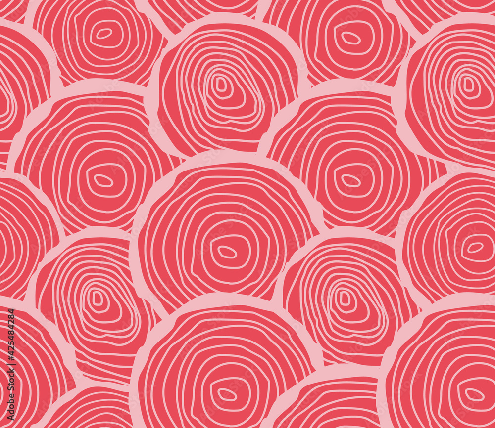 Spring seamless geometric pattern with the image of a tree, circles, a cut of the trunk. Vector design for web banner, business presentation, brand package, fabric, print, wallpaper, postcard. Spring seamless geometric pattern with the image of a tree, circles, a cut of the trunk. Vector design for web banner, business presentation, brand package, fabric, print, wallpaper, postcard.