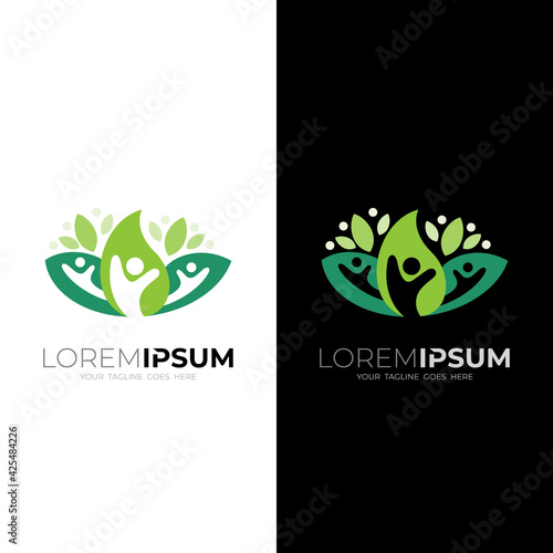 Leaf logo with family design, Green nature logo, people and leaf icons