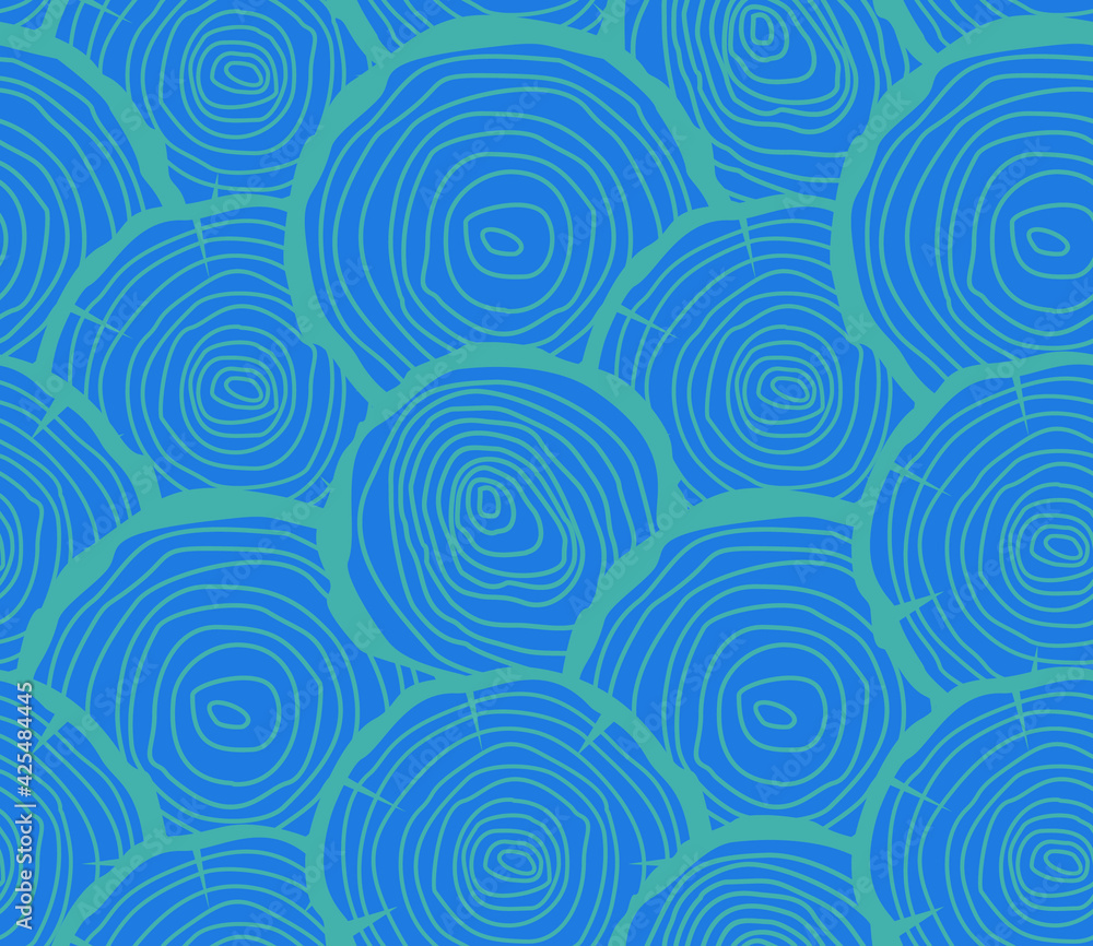 Spring seamless geometric pattern with the image of a tree, circles, a cut of the trunk. Vector design for web banner, business presentation, brand package, fabric, print, wallpaper, postcard.