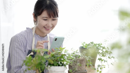 スローモーション／観葉植物をスマホで撮影する女性