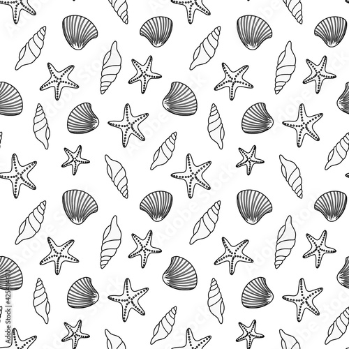 Seamless pattern with seashells and starfish. Vector hand drawn doodle illustration. Black line on a white background
