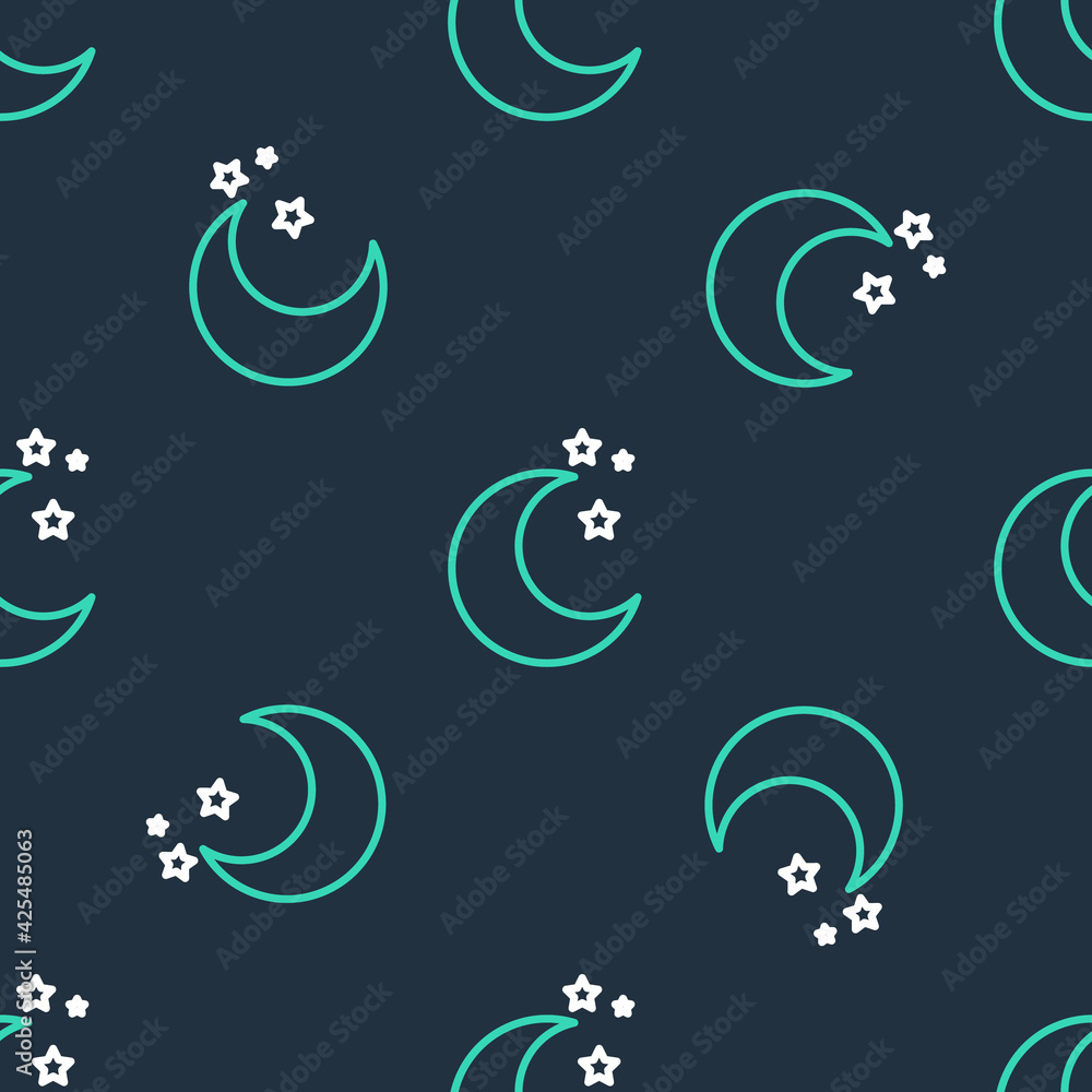 Line Moon and stars icon isolated seamless pattern on black background. Vector Line Moon and stars icon isolated seamless pattern on black background. Vector