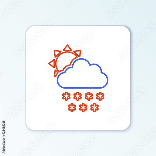 Line Cloud with snow and sun icon isolated on white background. Cloud with snowflakes. Single weather icon. Snowing sign. Colorful outline concept. Vector