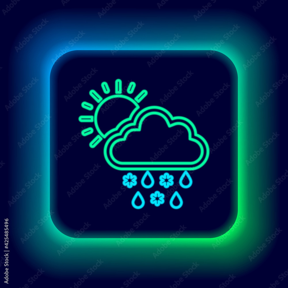Glowing neon line Cloud with snow, rain and sun icon isolated on black background. Weather icon. Colorful outline concept. Vector Glowing neon line Cloud with snow, rain and sun icon isolated on black background. Weather icon. Colorful outline concept. Vector