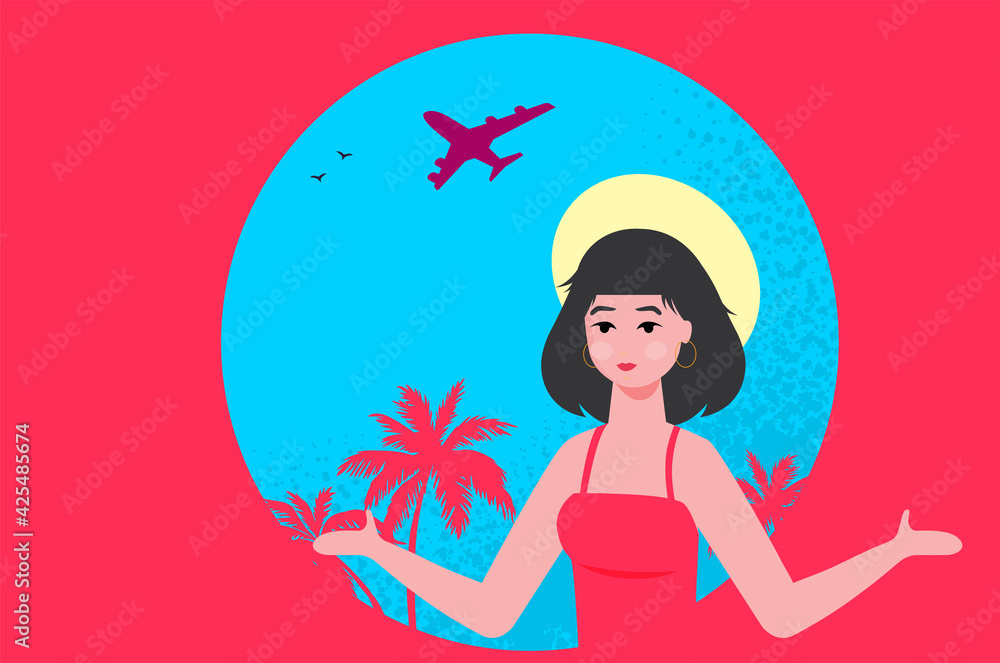 Flat Summer Holiday and Summer Camp poster with young girl Flat Summer Holiday and Summer Camp poster with young girl