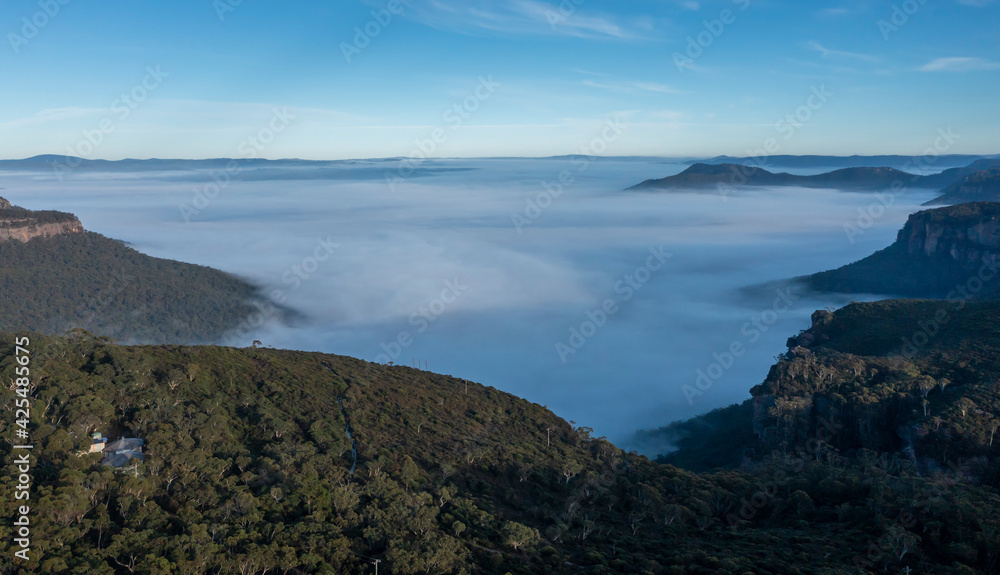 Aerial view of fog in Megalong Valley in The Blue Mountains in Australia