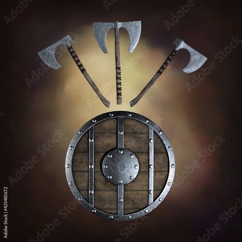 Viking axes and shields. 3d illustration