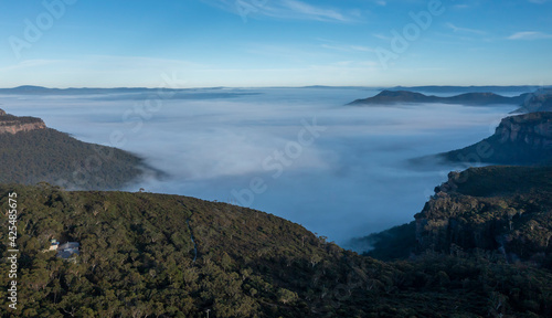 Aerial view of fog in Megalong Valley in The Blue Mountains in Australia