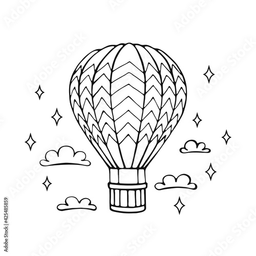 Card with hot air balloon and cloud hand drawn outline doodle. Vector illustration.
