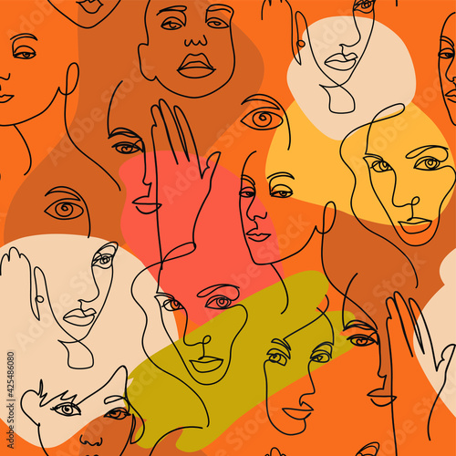 continuous line contemporary seamless pattern with with people of different nationalities. Contemporary hand drawn design for clothing print, poster, wall art, t-shirt, wallpaper, paper