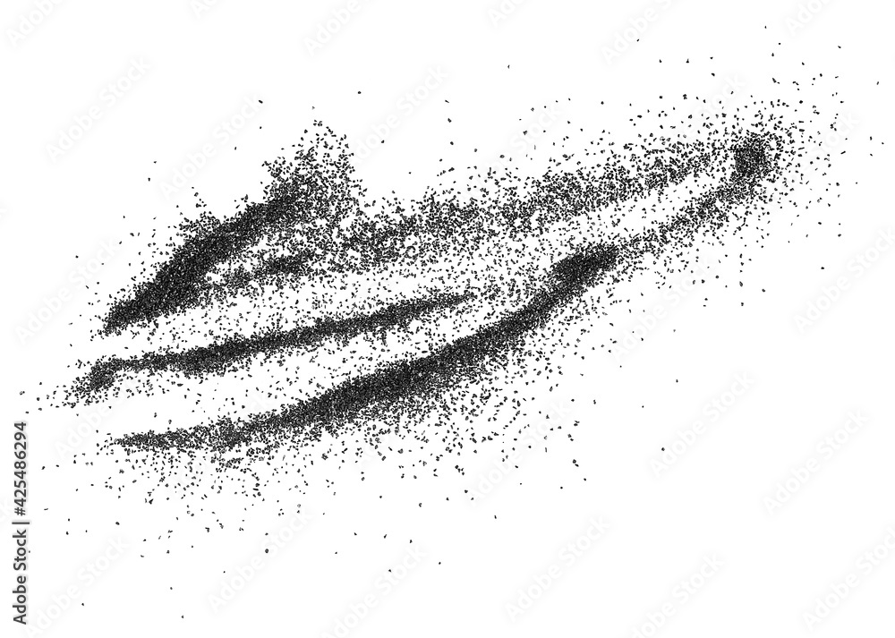 Top view of black charcoal dust explosion, top view. Gunpowder isolated on a white background.