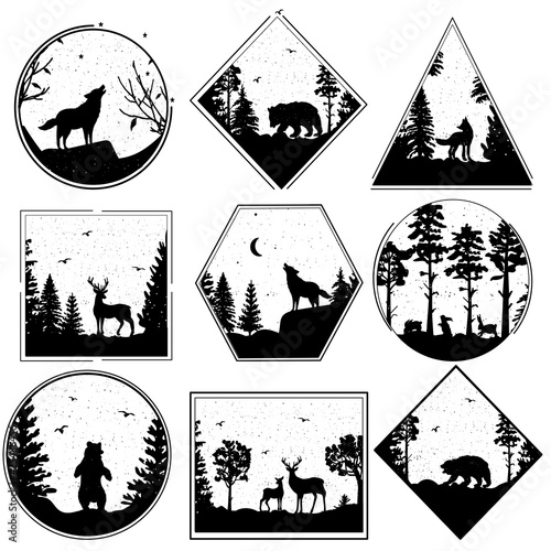 forest in a frame. woodland. black and white. silhouette of animals. Vector graphics. EPS format.