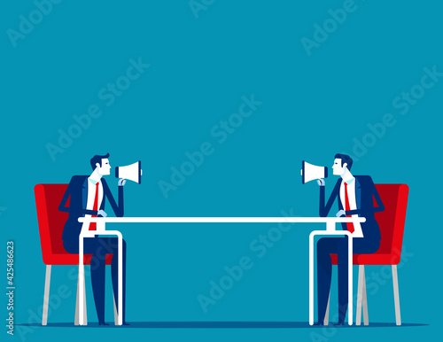 Sit in a meeting at the long table and talk via megaphone