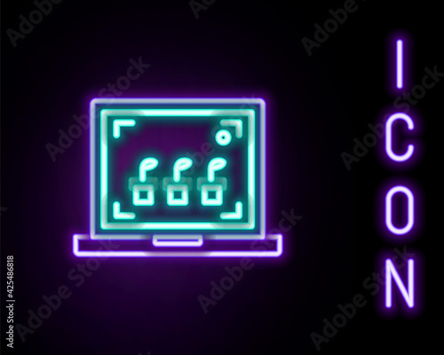 Glowing neon line Smart farming technology - farm automation system icon isolated on black background. Colorful outline concept. Vector