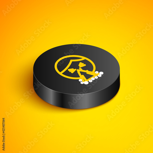 Isometric line Man holding handkerchief or napkin to his runny nose icon isolated on yellow background. Coryza desease symptoms. Black circle button. Vector