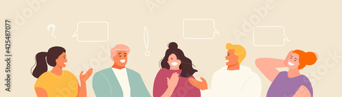 People group communication. Talking friends meeting. Chat discussion on social media. Vector illustration