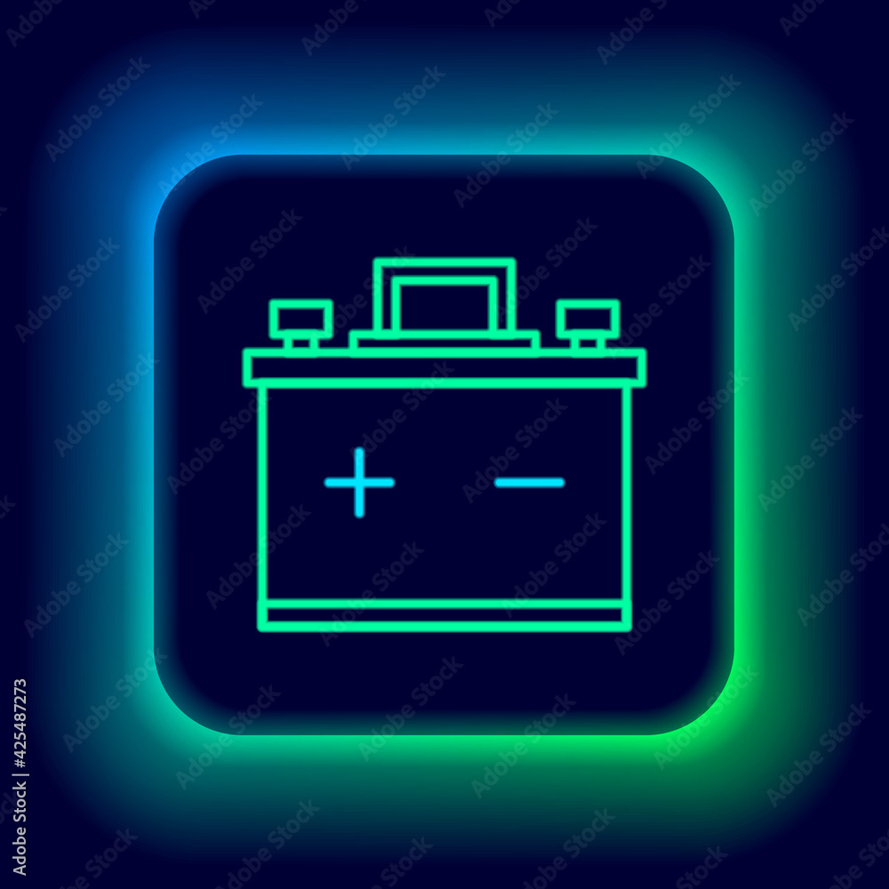 Glowing neon line Car battery icon isolated on black background. Accumulator battery energy power and electricity accumulator battery. Colorful outline concept. Vector Glowing neon line Car battery icon isolated on black background. Accumulator battery energy power and electricity accumulator battery. Colorful outline concept. Vector