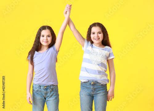 Canvastavla Portrait of cute twin girls on color background