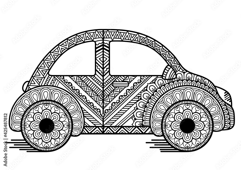 Coloring page for adult anti stress. Vintage Car in a mandala style