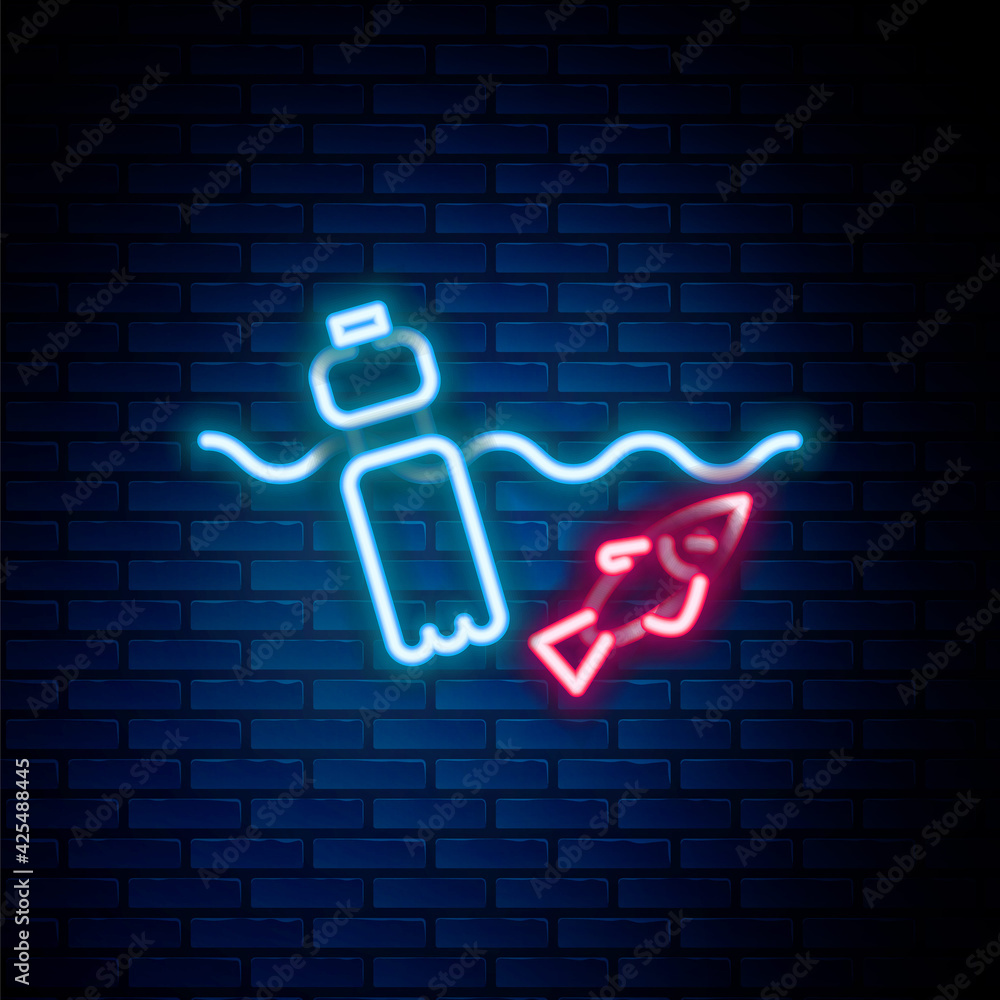 Glowing neon line The problem of pollution of the ocean icon isolated on brick wall background. The garbage, plastic, bags on the sea. Colorful outline concept. Vector Glowing neon line The problem of pollution of the ocean icon isolated on brick wall background. The garbage, plastic, bags on the sea. Colorful outline concept. Vector