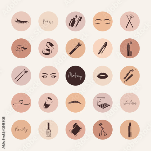 Cosmetics icons, makeup elements, makeup artist social media highlight covers