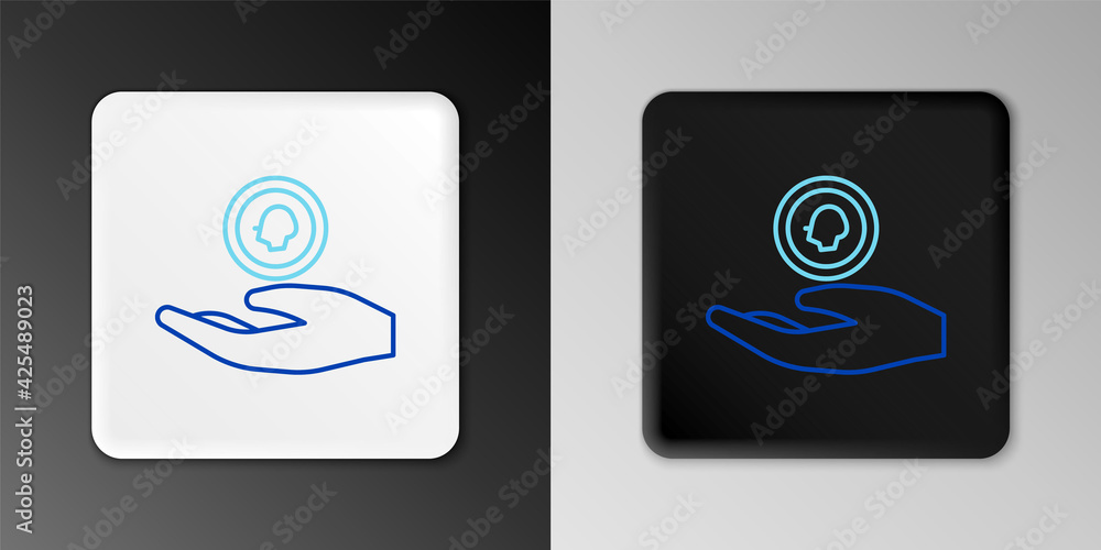 Line Hand holding coin money icon isolated on grey background. Dollar or USD symbol. Cash Banking currency sign. Colorful outline concept. Vector Line Hand holding coin money icon isolated on grey background. Dollar or USD symbol. Cash Banking currency sign. Colorful outline concept. Vector