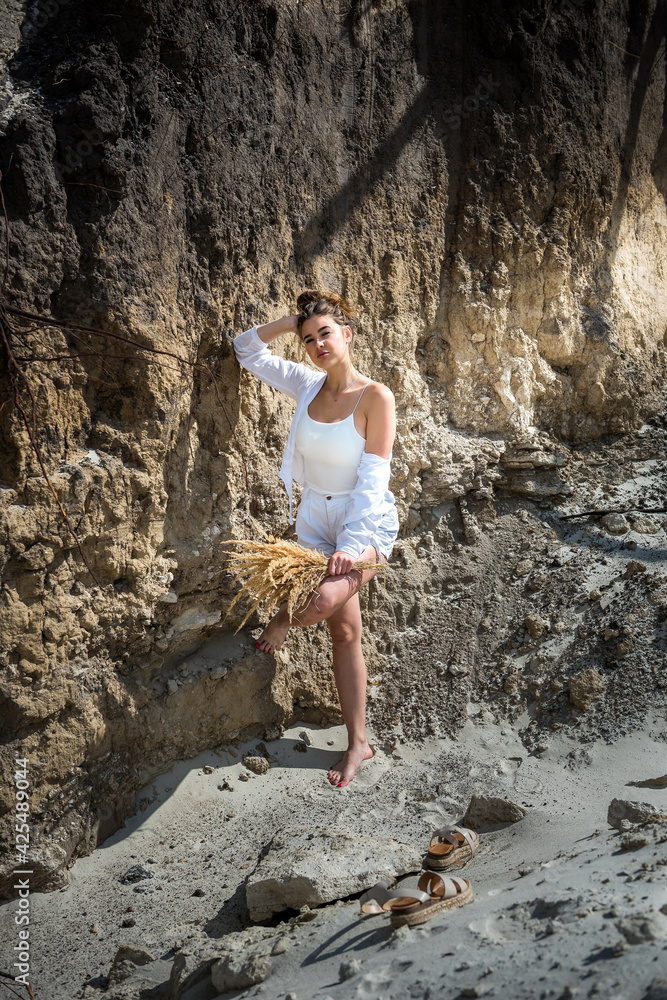 Naklejka premium portrait of beautiful fashion woman traveler to desert and relax on sand