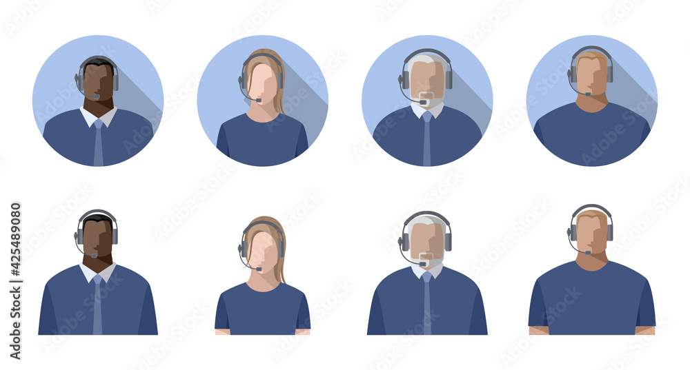 Operators men and women online, wearing headphones with a microphone, headset. Call center concept or support service, streamers, bloggers. Color avatars, isolated vector illustrations Operators men and women online, wearing headphones with a microphone, headset. Call center concept or support service, streamers, bloggers. Color avatars, isolated vector illustrations