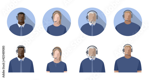 Operators men and women online, wearing headphones with a microphone, headset. Call center concept or support service, streamers, bloggers. Color avatars, isolated vector illustrations