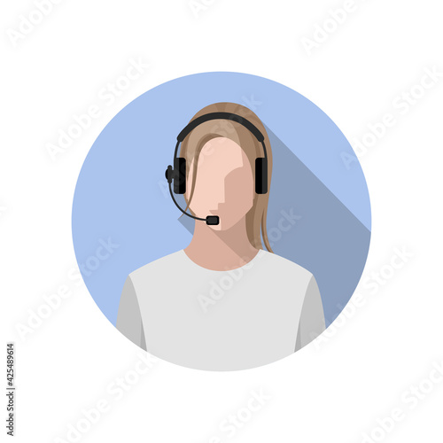 The operator is a young woman online, wearing headphones with a microphone, a headset. Call center concept or support service, blogger, streamer. Color avatar, isolated vector illustration