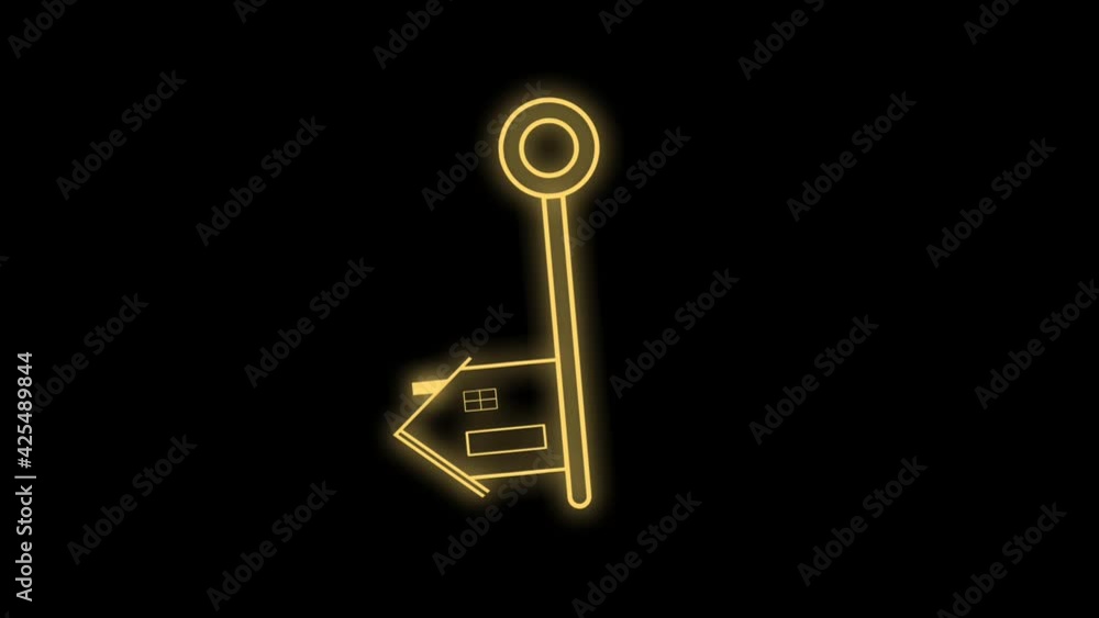 Home key icon with Swinging effect isolated on black screen with golden neon light effect. Consept for buy and sell New home and for rent Home key icon with Swinging effect isolated on black screen with golden neon light effect. Consept for buy and sell New home and for rent