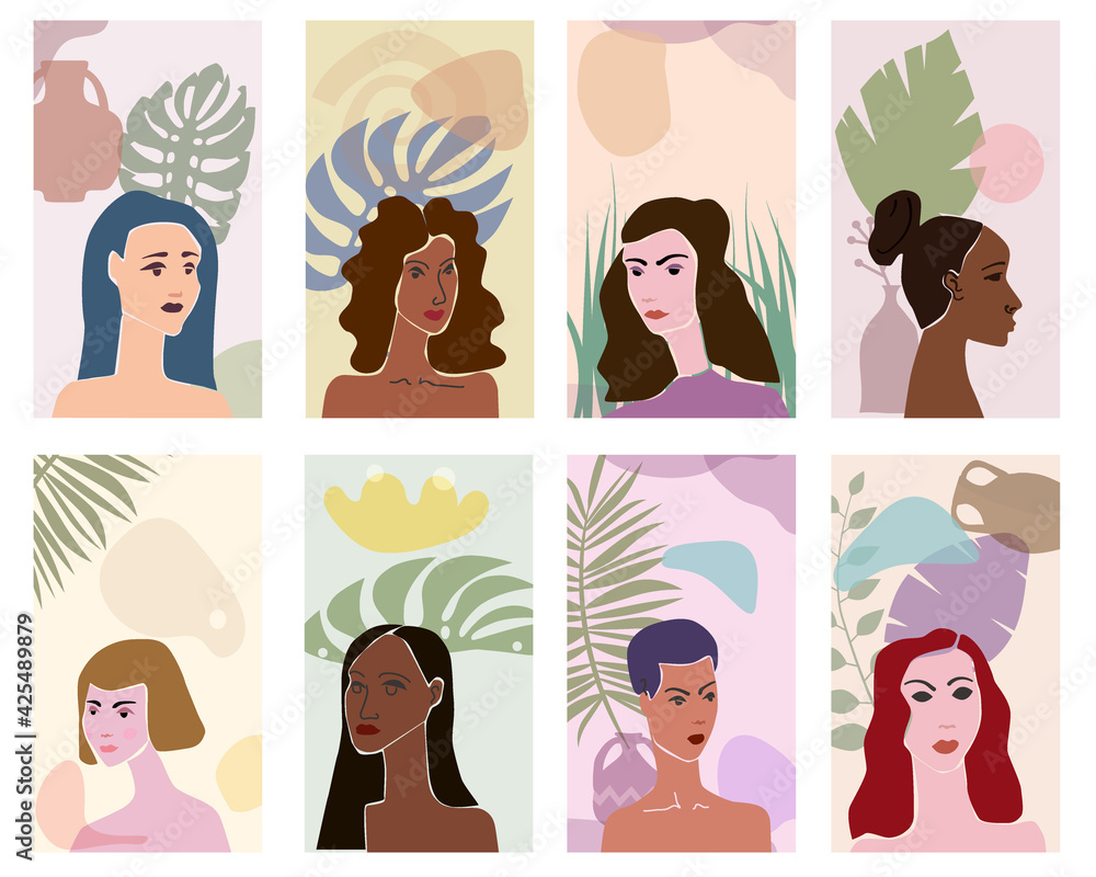 Collection Woman portraites minimal abstract contemporary style. Female faces flora leaves shapes vase silhouette background trendy modern art concept. Poster vector template social media stories Collection Woman portraites minimal abstract contemporary style. Female faces flora leaves shapes vase silhouette background trendy modern art concept. Poster vector template social media stories