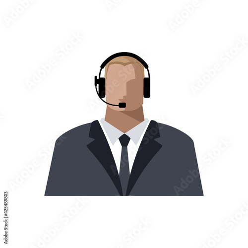 The operator is a young white male online, wearing headphones with a microphone, a headset. Call center employee or support service, blogger, streamer, or freelancer. Color avatar, vector