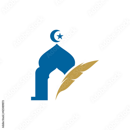 Feather with Mosque logo design vector illustration, Creative Islamic logo design concept template, symbols icons